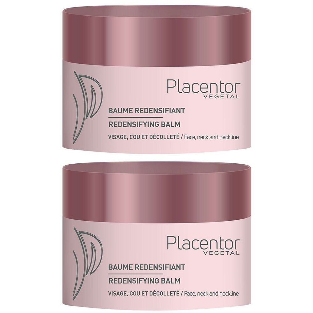 Deux pots roses. Inscription: Placentor Vegetal, Baume Redensifiant, Redensifying Balm. Pour visage, cou et décolleté.