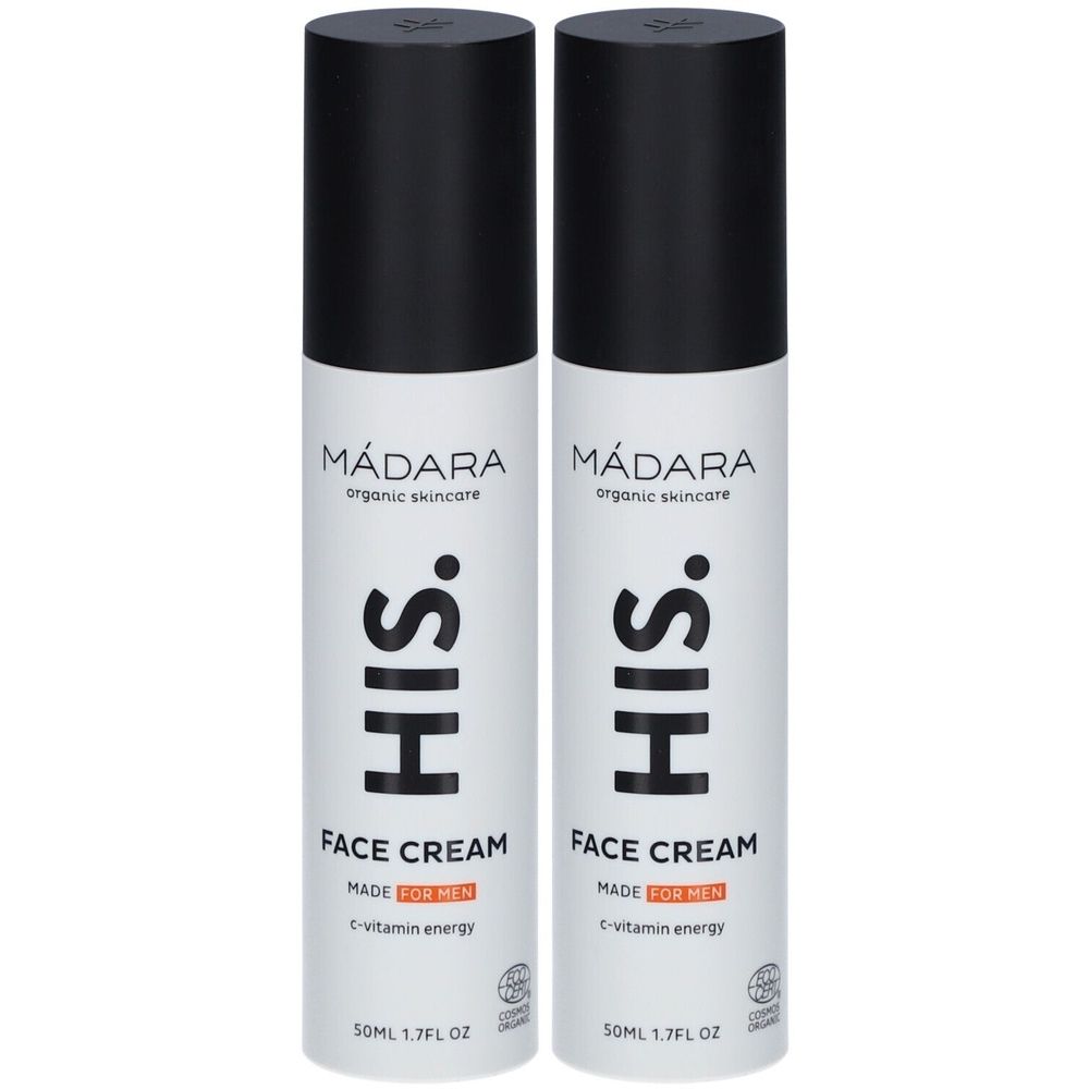 Deux flacons blancs avec bouchons noirs. Inscription : MÁDARA, HIS. FACE CREAM, MADE FOR MEN, C-vitamin energy. 50ML 1.7FL OZ.