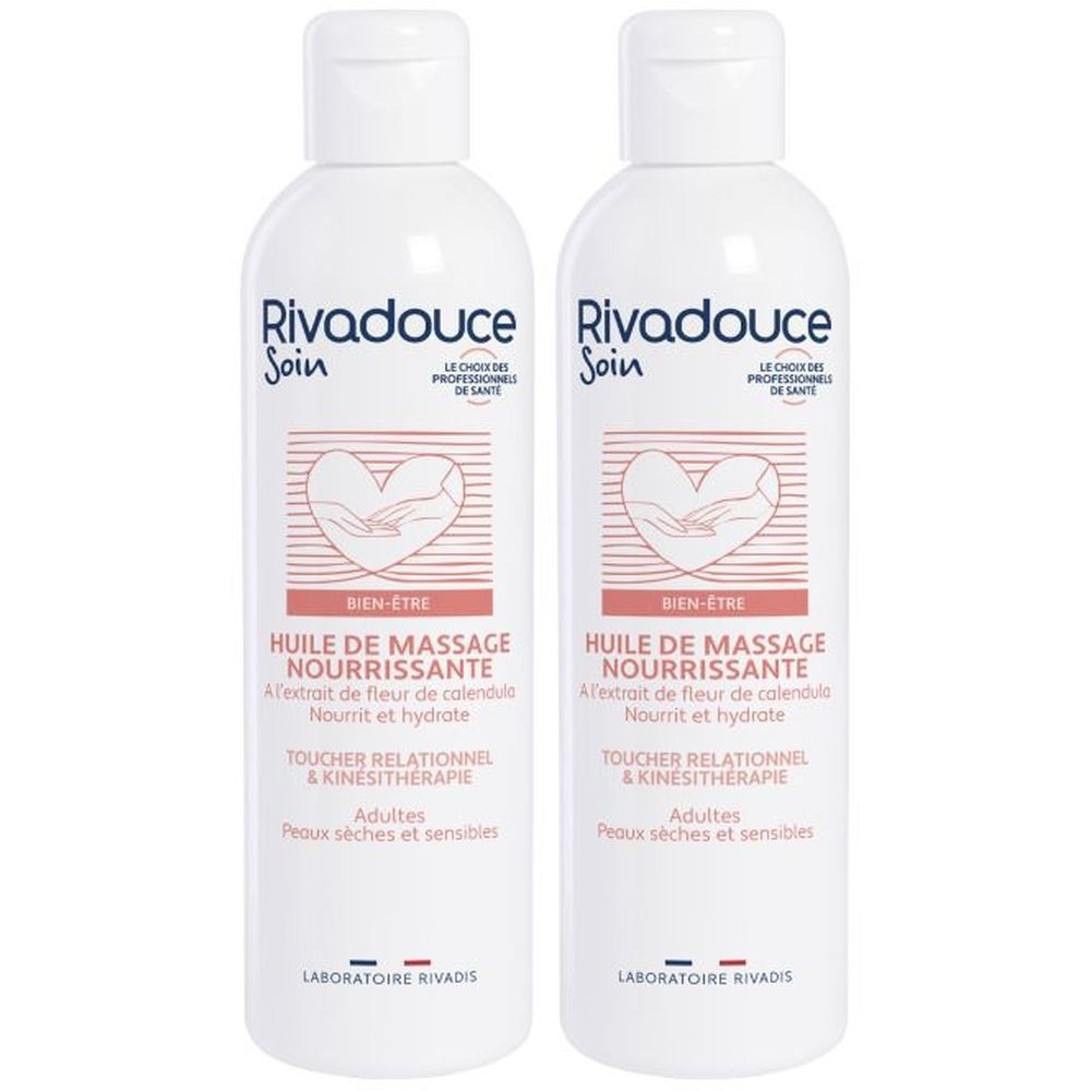 Deux flacons blancs. Étiquettes : Rivadouce Soin, Bien-être, Huile de massage nourrissante. Pour peaux sèches et sensibles.