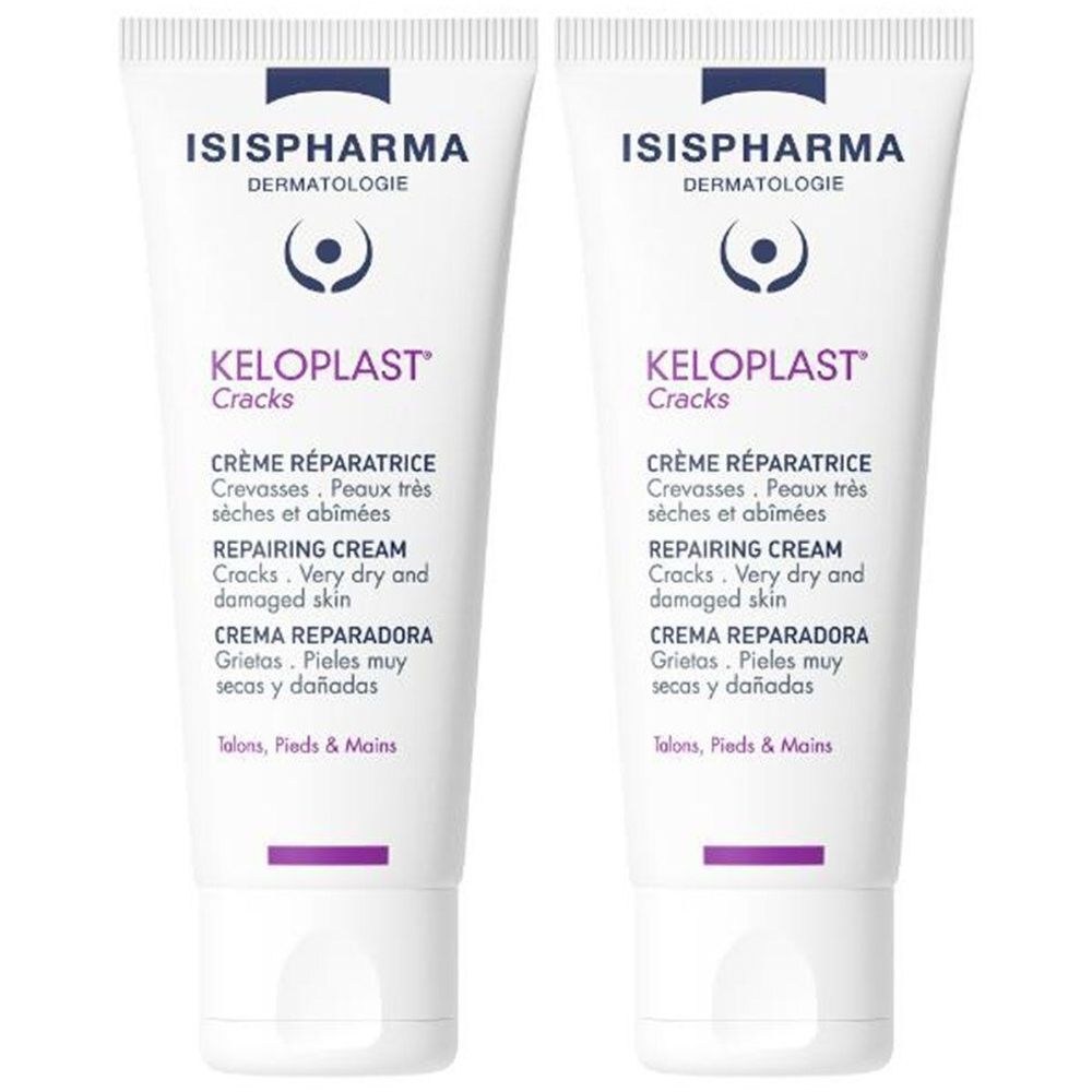 Deux tubes de crème ISISPHARMA Keloplast Cracks. Tubes blancs avec texte violet. Crème Réparatrice, Repairing Cream, Crema Reparadora.