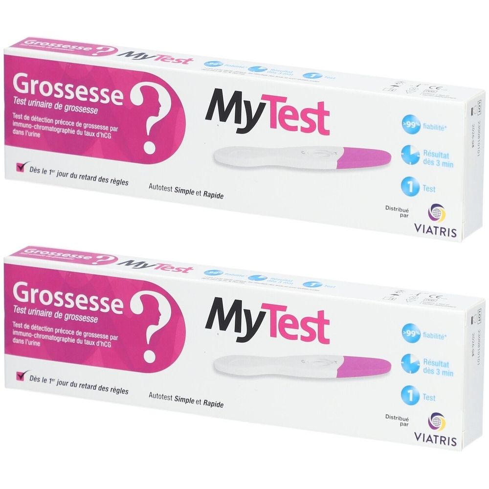 Deux boîtes de test de grossesse "MyTest". Contient un test. Inscription "Grossesse".