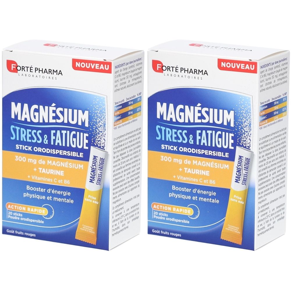 Deux boîtes de FORTE PHARMA Magnésium Stress & Fatigue. Emballage bleu et blanc avec informations et un stick.