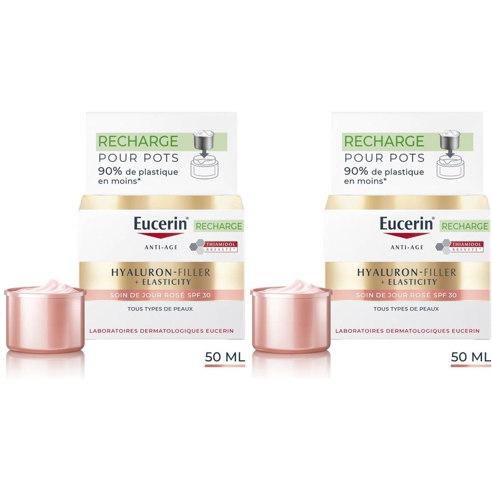 Deux pots et emballages de Eucerin Hyaluron-Filler + Elasticity Recharge Soin de jour Rosé SPF30. Inscription : 50 ml.