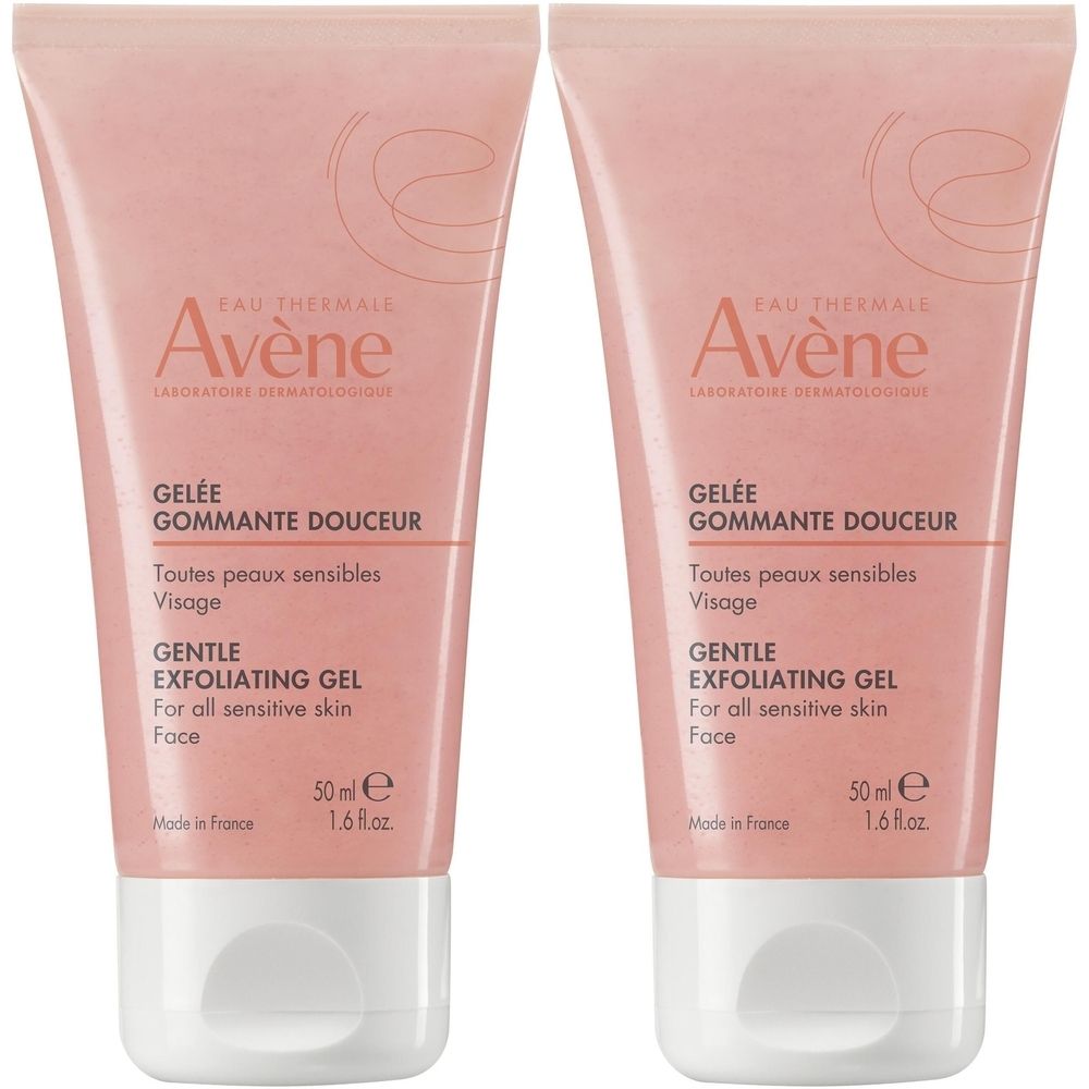 Deux tubes de Gelée Gommante Douceur AVENE. Tubes roses avec bouchon blanc. Texte: GENTLE EXFOLIATING GEL, 50 ml.