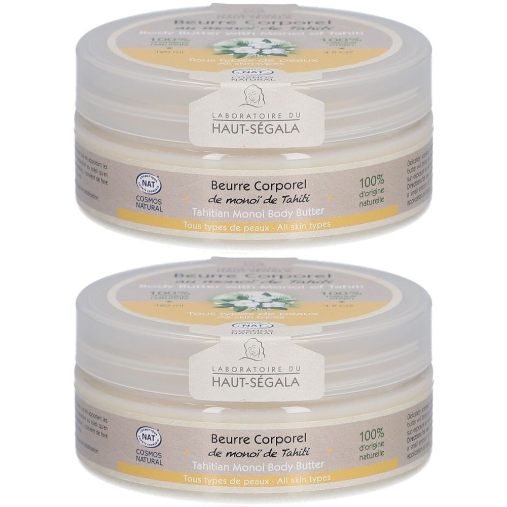 Deux pots de beurre corporel. Inscription: Laboratoire du Haut-Ségala, Beurre Corporel de monoi de Tahiti. Avec couvercle et étiquette.