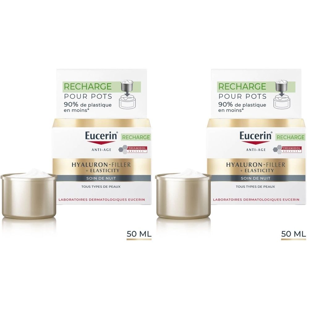 Deux pots de crème et emballages. L'emballage indique "Eucerin Hyaluron-Filler + Elasticity Soin de nuit". 50 ml.
