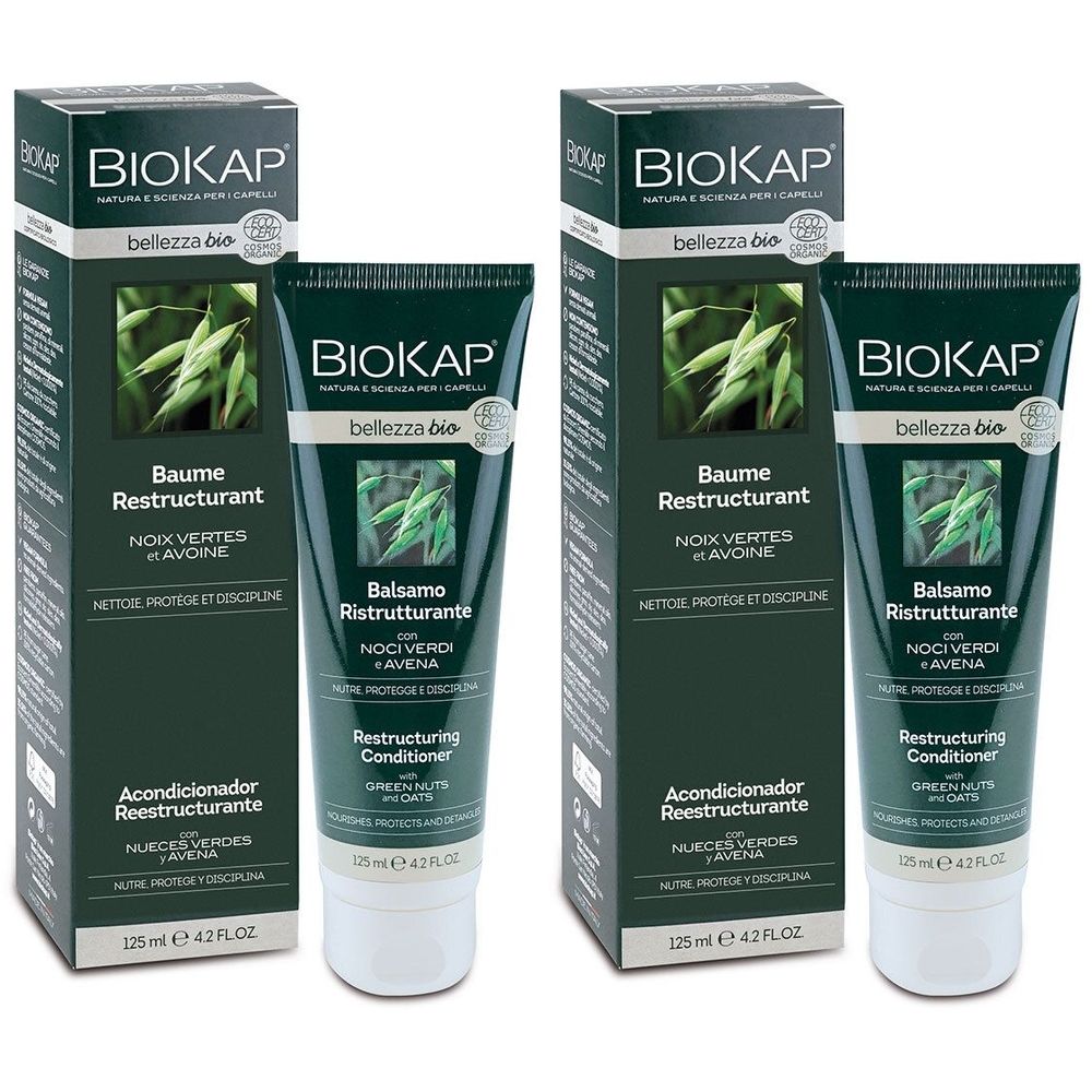 Deux tubes et boîtes. BIOKAP est écrit sur les tubes et les boîtes. Balsamo Ristrutturante est écrit sur les tubes. Baume Restructurant est écrit sur les boîtes.