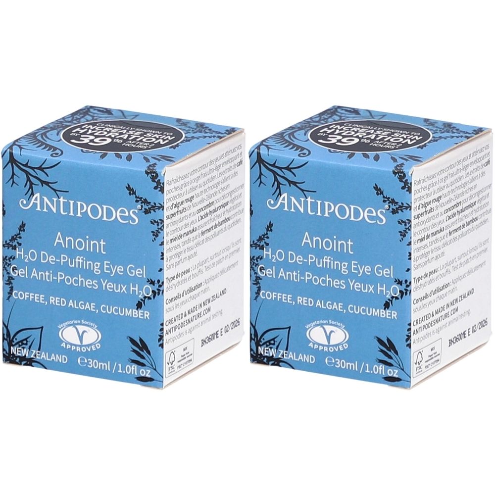 Deux boîtes carrées avec informations produit. Inscription: ANTIPODES Anoint H2O De-Puffing Eye Gel. Contient café, algues rouges et concombre. Avec certification.