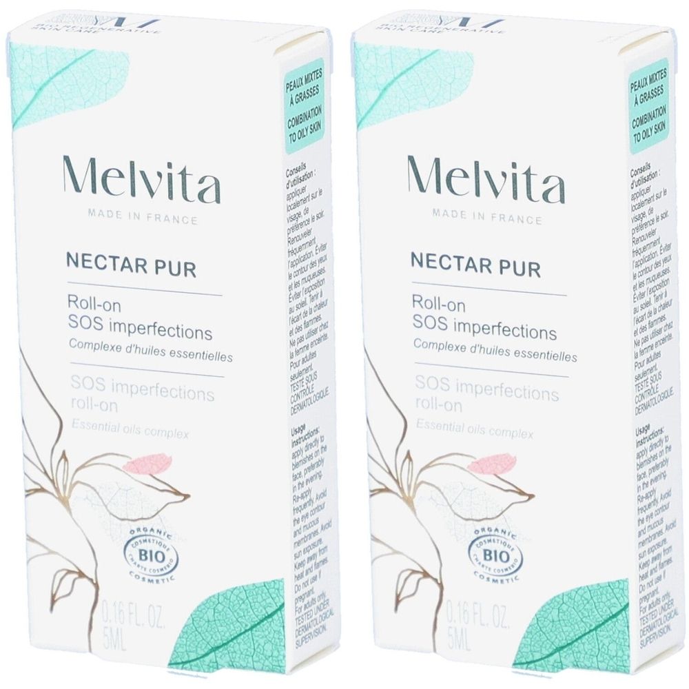 Deux boîtes rectangulaires. Inscription: Melvita Nectar Pur Roll-on SOS imperfections. Certification Bio. Contient 5ml.