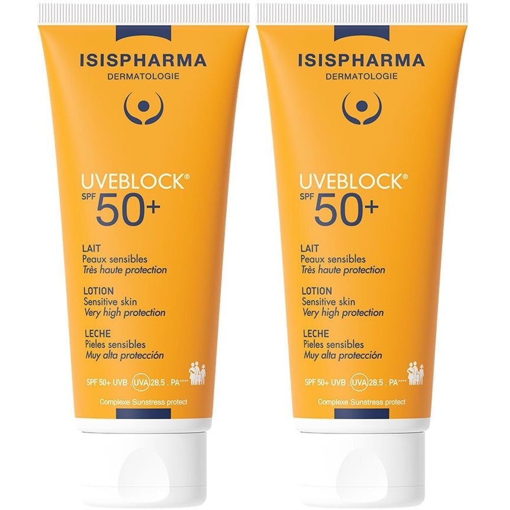 Deux tubes de crème solaire. Tubes orange avec bouchon blanc. Inscription: ISISPHARMA, UVEBLOCK SPF 50+, lotion pour peaux sensibles.