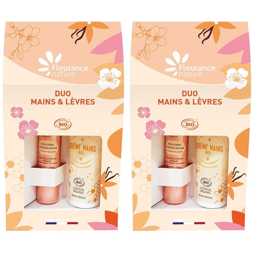 Deux coffrets Duo Mains & Lèvres. Contient un baume à lèvres et une crème pour les mains. Certification bio. Design floral.