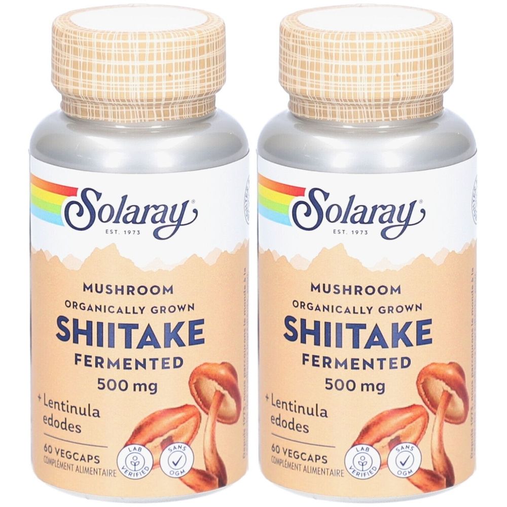 Deux flacons de complément alimentaire aux champignons Shiitake. Inscription : Solaray, Shiitake, 500 mg, 60 Vegcaps. Avec certifications.