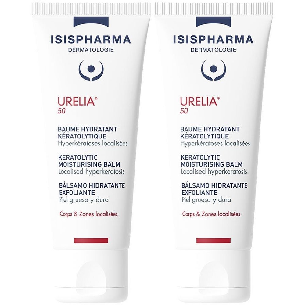 Deux tubes de Urelia 50. Tubes blancs avec texte rouge et bleu. Texte: Baume Hydratant Kératolytique, Keratolytic Moisturising Balm.