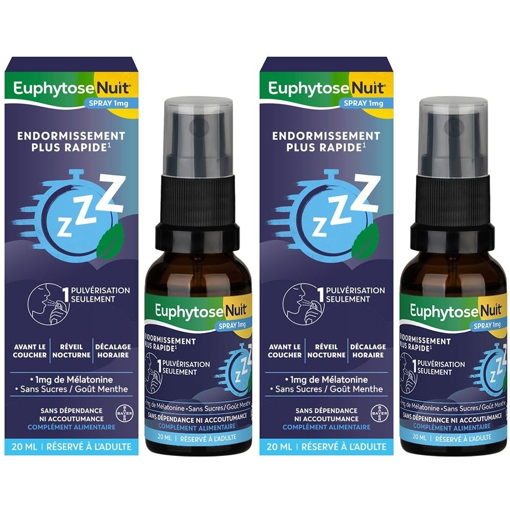 Trois flacons et boîtes de Euphytose Nuit Spray. Inscription: Endormissement plus rapide. 1 mg de mélatonine.
