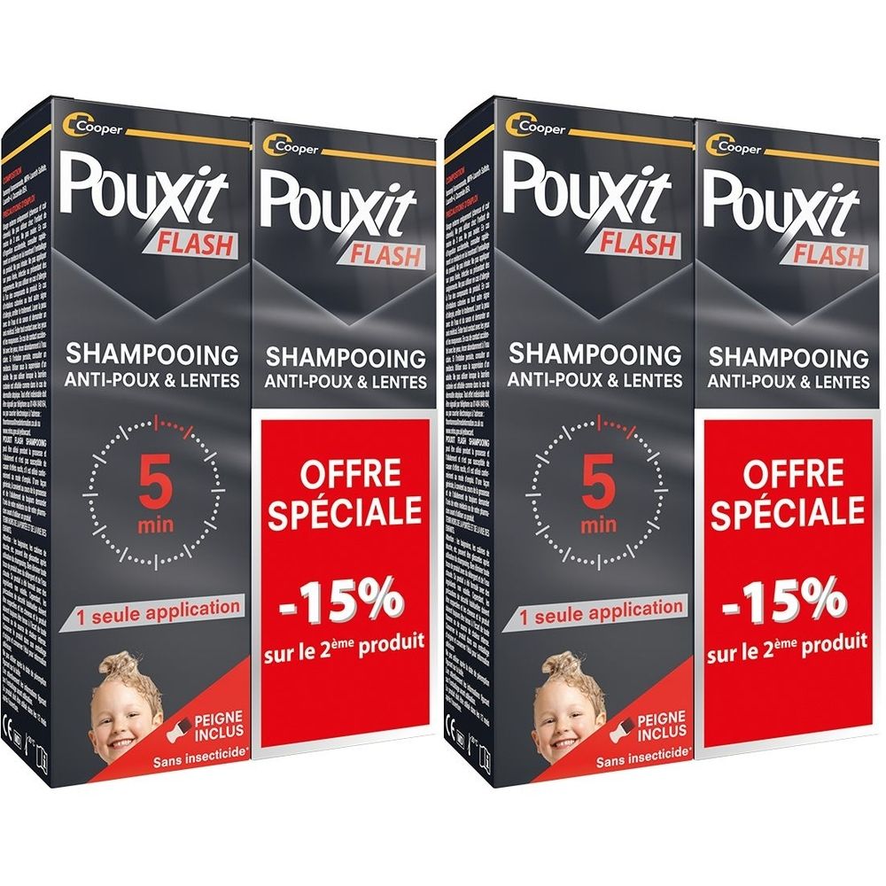 Deux boîtes de Pouxit Flash Shampooing. Emballage noir avec texte blanc. Inscription: Anti-Poux & Lentes. 5 min. Offre spéciale -15%.