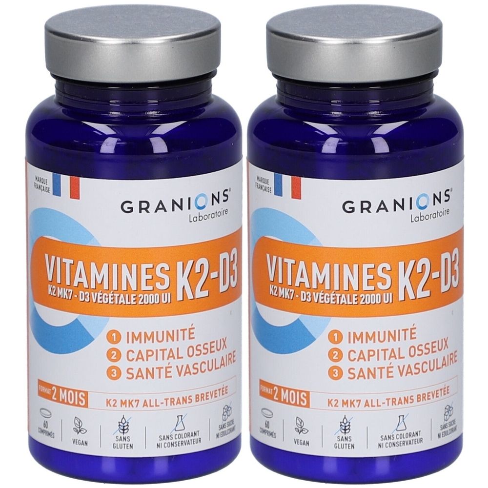 Deux flacons bleus. Étiquette : GRANIONS, Vitamines K2-D3. Contient K2 MK7-D3 Végétale 2000 UI. Avec logo français.