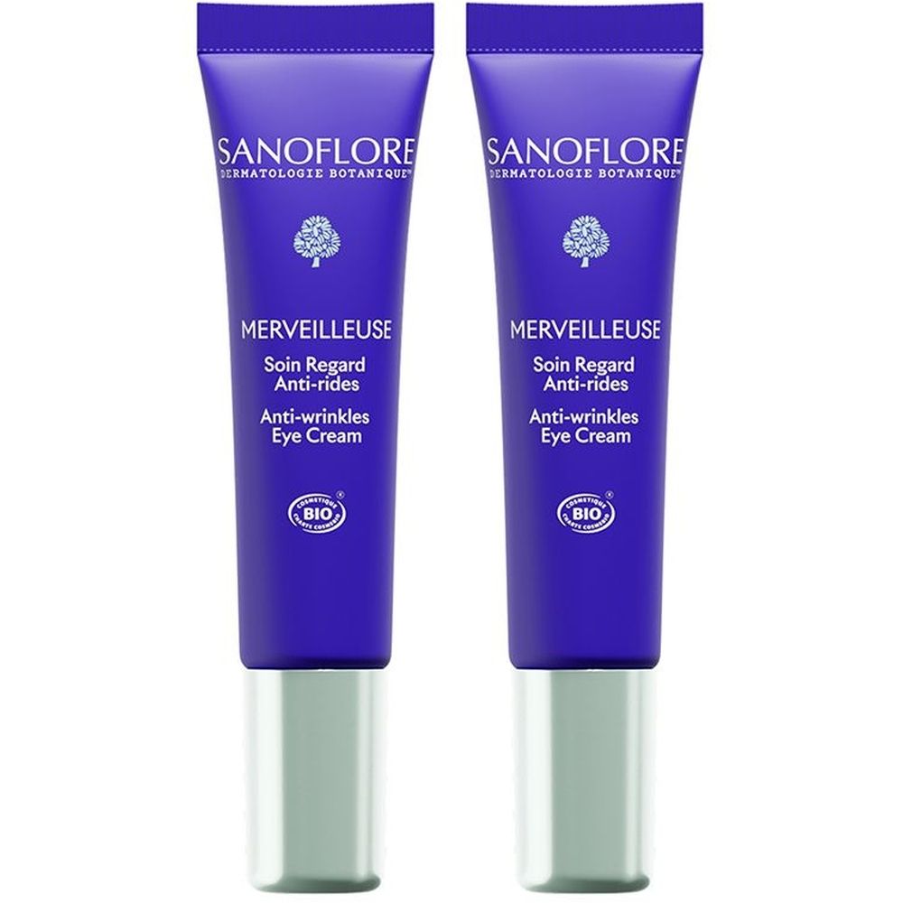 Deux tubes de crème pour les yeux. Tubes violets avec bouchons argentés. Texte: SANOFLORE, MERVEILLEUSE, Anti-rides, certification BIO.