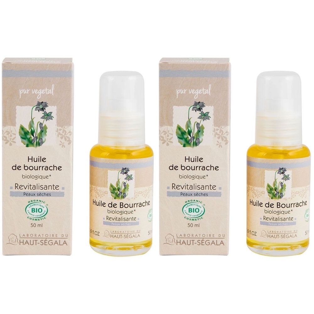 Trois flacons et emballages. Inscription : Huile de Bourrache biologique Revitalisante. Certification Bio. Laboratoire du Haut-Ségala.