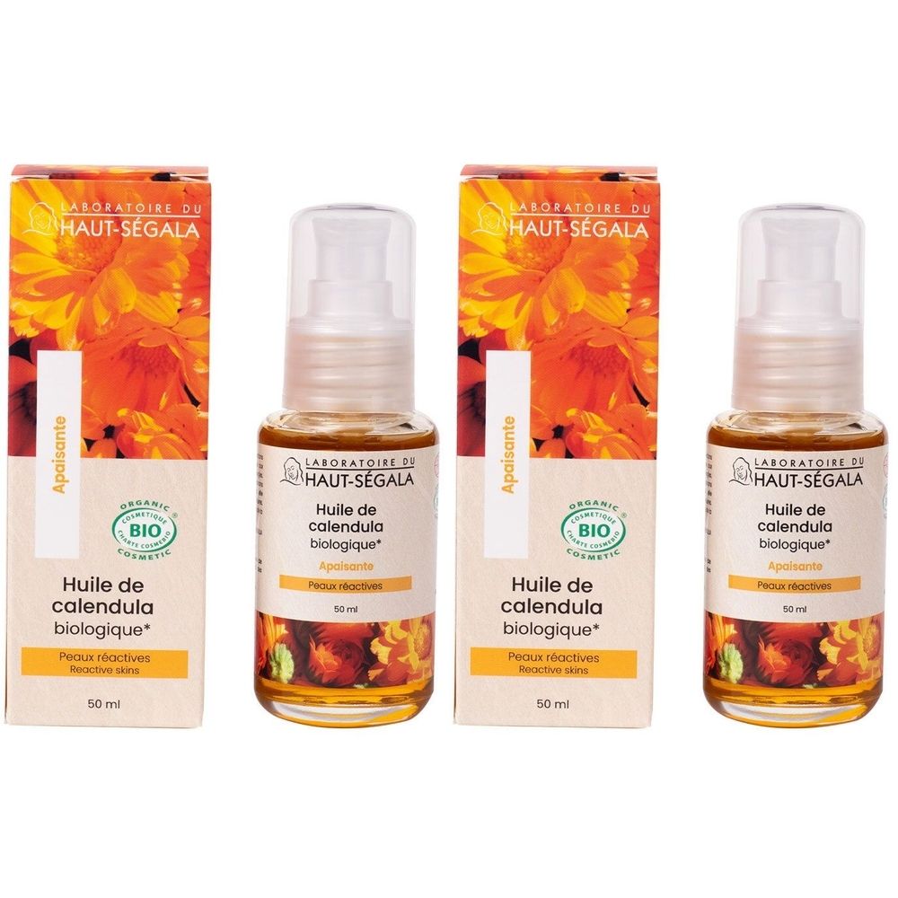Trois flacons et emballages de Laboratoire du Haut-Ségala Huile de Calendula Bio. Flacons avec vaporisateur, emballage avec logo et texte.