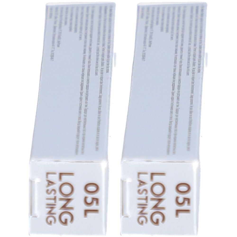 Deux boîtes blanches avec texte. Sur le devant, en marron, "LONG LASTING 05L".