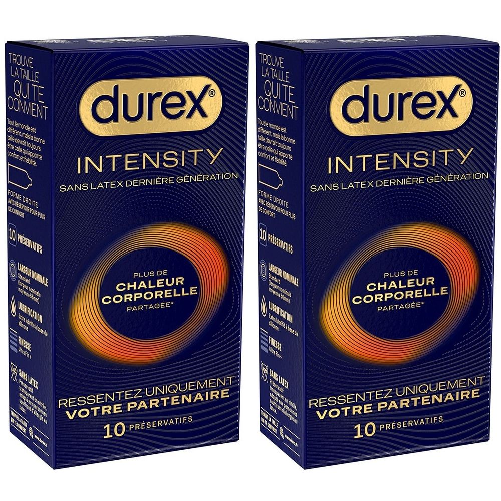 Deux boîtes de préservatifs Durex Intensity. Emballage bleu avec nom et description du produit. 10 préservatifs par boîte.