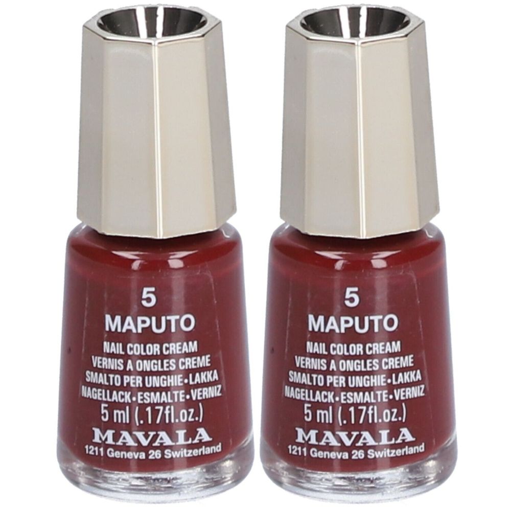 Deux flacons de vernis à ongles rouge-brun. Inscription : 5 MAPUTO, Nail Color Cream, 5 ml, marque MAVALA. Bouchon argenté.