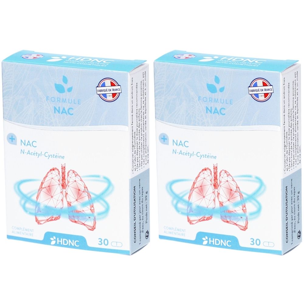 Deux boîtes de "FORMULE NAC". Sur le devant, un schéma de poumons et l'inscription "NAC N-Acetyl-Cysteine". Logo HDNC et mention "Fabriqué en France".