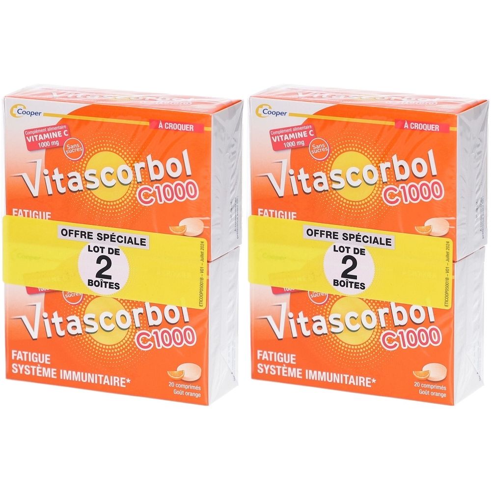 Deux boîtes de Vitascorbol C1000. Boîtes oranges avec un autocollant jaune. Inscription : « OFFRE SPÉCIALE LOT DE 2 BOITES ».