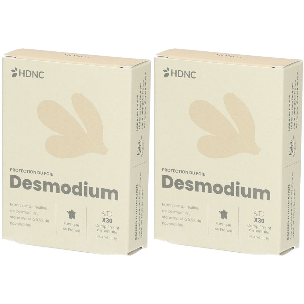 Deux boîtes rectangulaires avec HDNC et Desmodium. Inscription : Protection du foie, X30 comprimés, Fabriqué en France.
