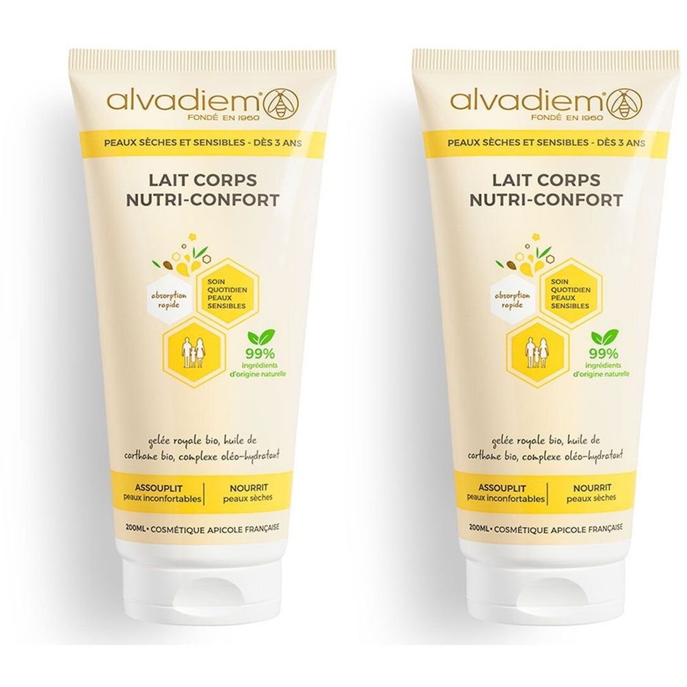 Deux tubes de Lait Corps ALVADIEM. Tubes crème avec des accents jaunes. Inscription : Lait Corps Nutri-Confort. 99% ingrédients d'origine naturelle.