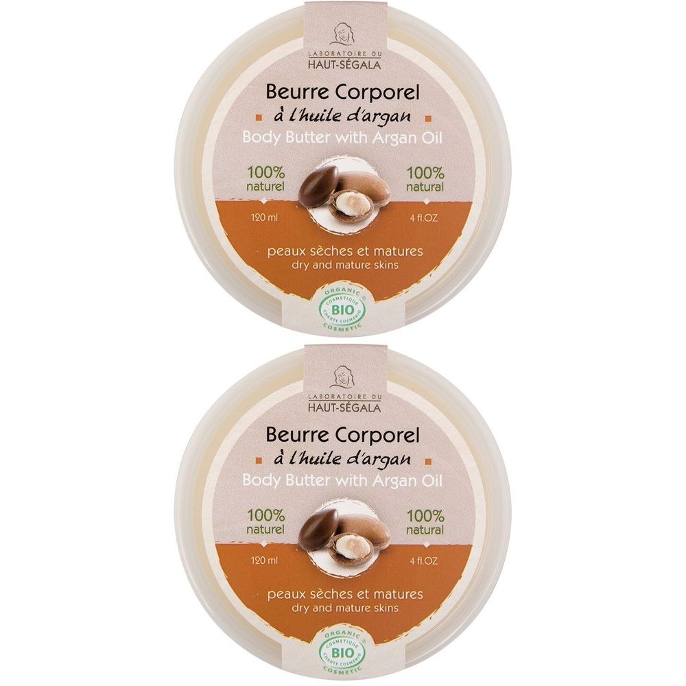 Deux pots ronds. Inscription: Beurre Corporel à l'huile d'argan. 100% naturel. Peaux sèches et matures. Certification Bio.