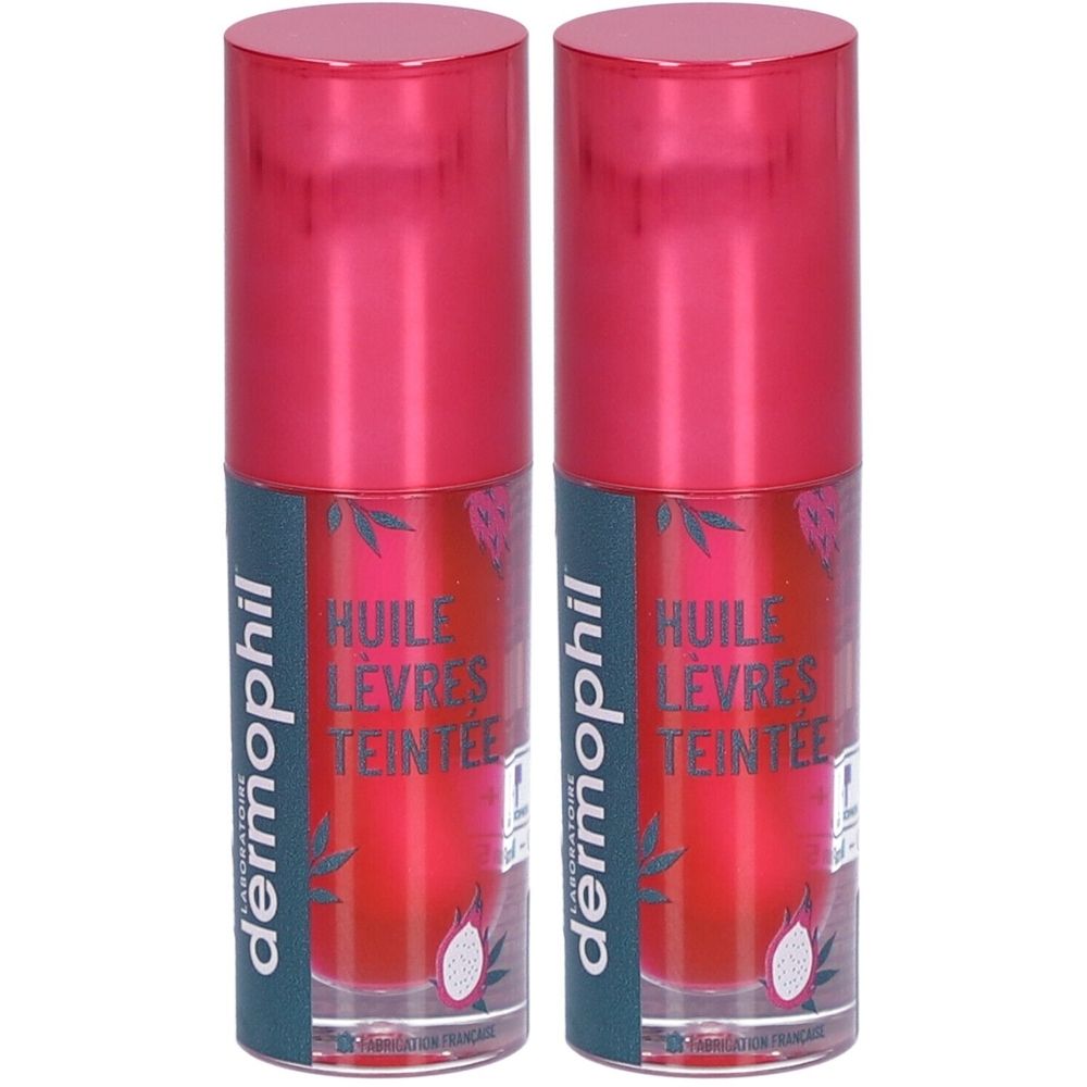 Deux flacons d'huile à lèvres avec bouchon rose et étiquette. Inscription : Huile Lèvres Teintée. Marque : dermophil.