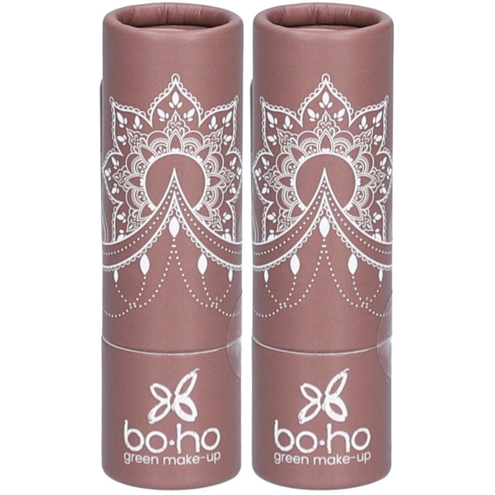 Deux contenants cylindriques roses. Motif mandala blanc. Logo « bo-ho green make-up ».
