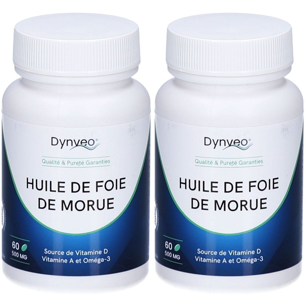 Deux flacons blancs avec bouchon à vis. Inscription: Dynveo, HUILE DE FOIE DE MORUE. Contient vitamine D, A et Oméga-3. 60 gélules.