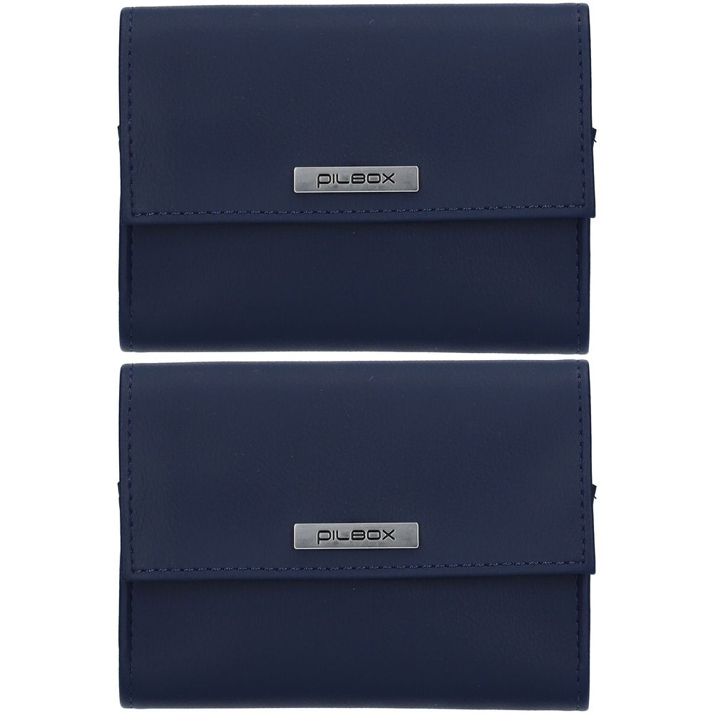 Deux piluliers bleus avec plaque métallique rectangulaire « pilbox ». Rabat de fermeture.