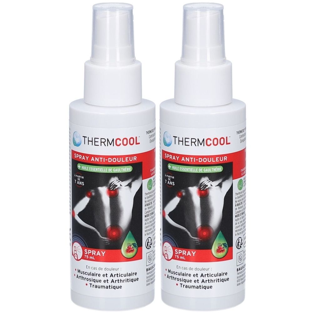 Deux flacons de spray blancs. Inscription: THERMCOOL SPRAY ANTI-DOULEUR. Illustration d'un corps humain avec des points de douleur.