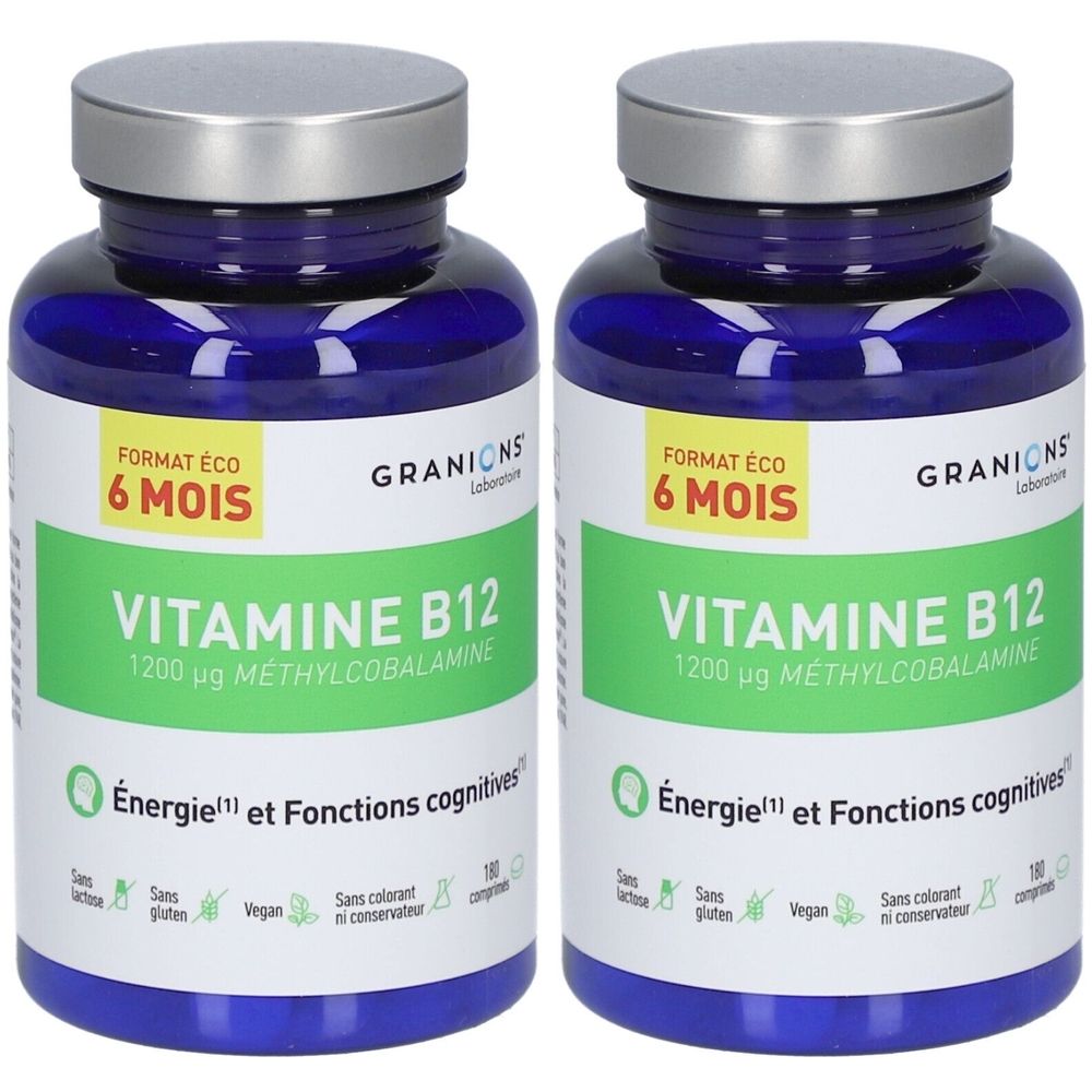 Deux flacons bleus avec bouchons argentés. Étiquettes vertes et blanches. Inscription: VITAMINE B12, 1200 µg. Marque: GRANIONS.