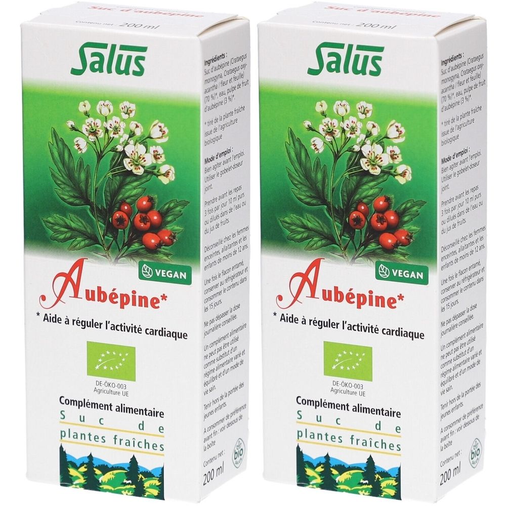 Deux boîtes de SALUS Aubépine. Motif floral, texte et logo. Label végan. 200 ml. Certification bio.