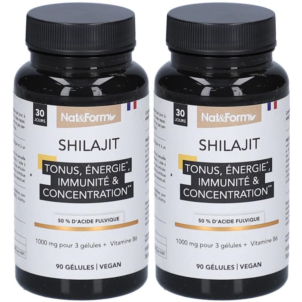 Deux flacons noirs avec étiquettes. Inscription : Shilajit, Tonus, Énergie, Immunité & Concentration. 90 gélules, vegan.