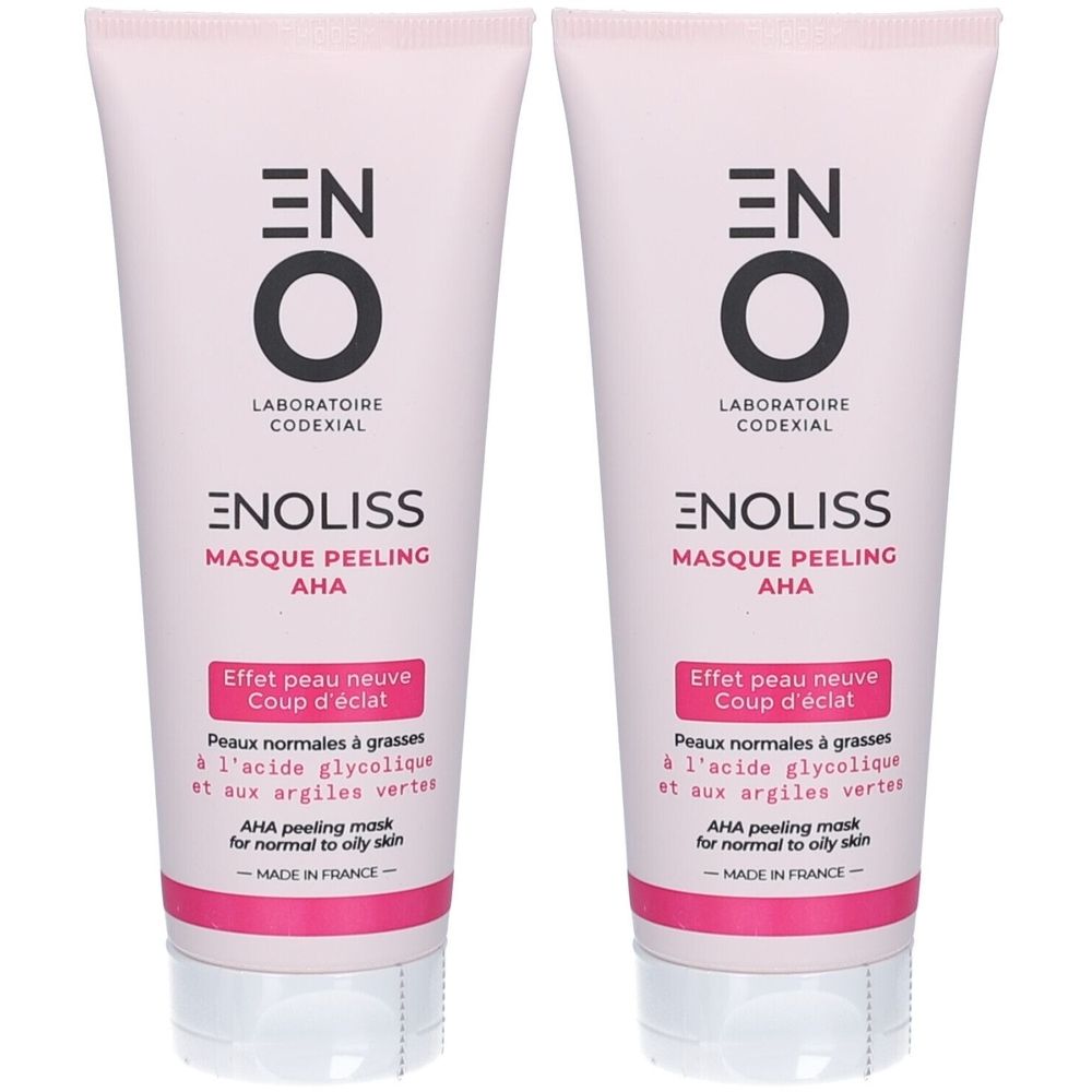 Deux tubes de crème rose et blanc. Inscription: ENOLISS MASQUE PEELING AHA. Texte en français et anglais. Fabriqué en France.