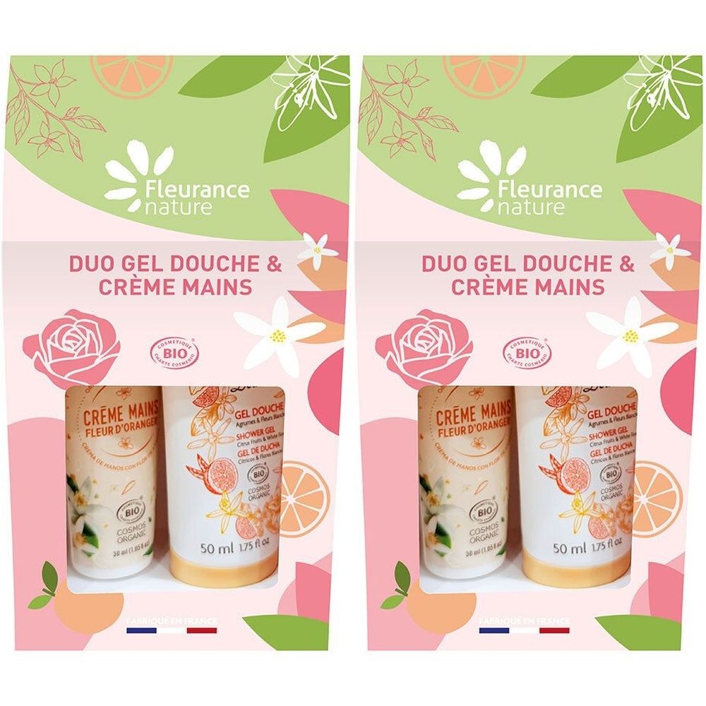 Coffret Duo Gel Douche & Crème Mains. Certifié BIO. Flacons de 50 ml. Emballage avec motifs floraux et texte. Drapeau français.