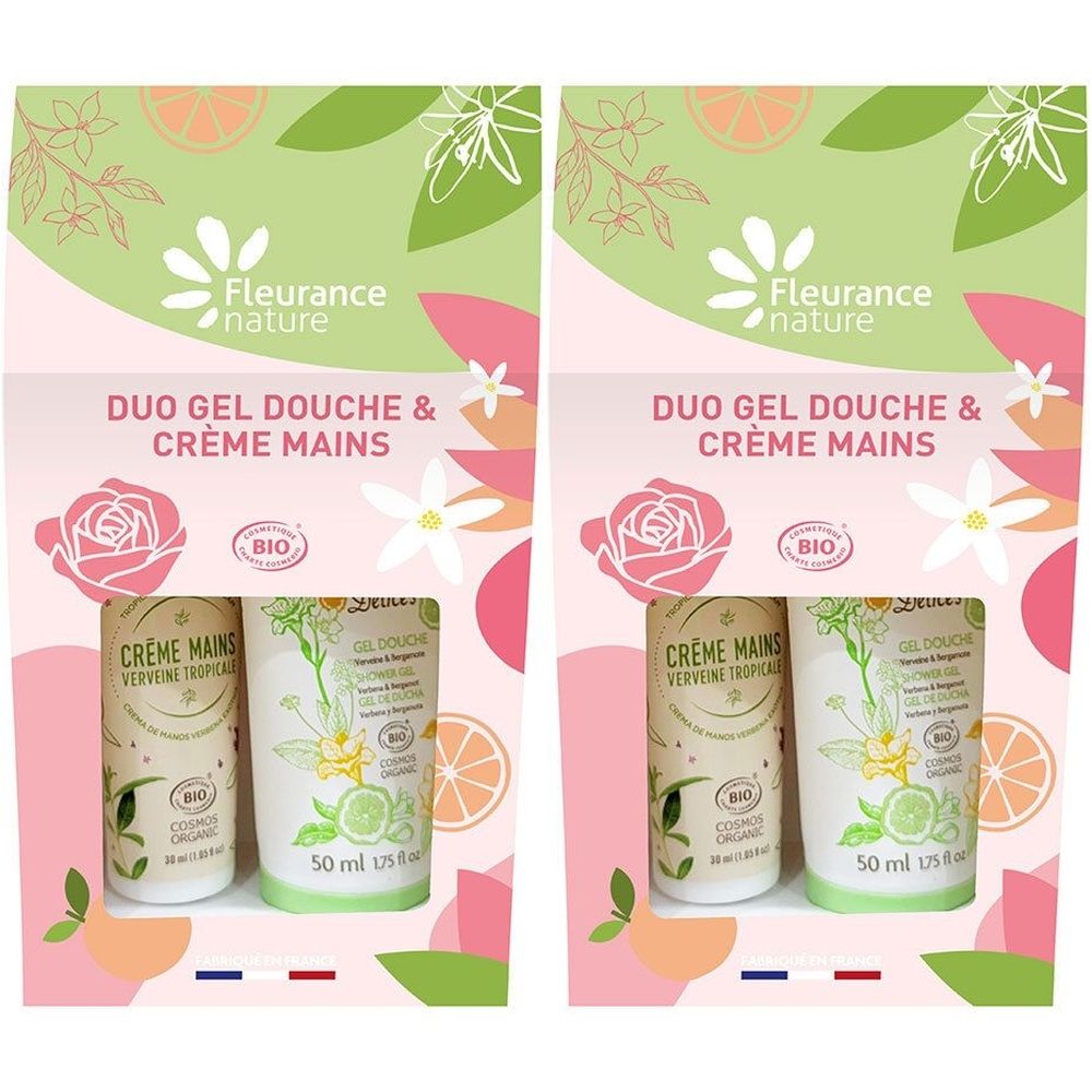 Deux coffrets cadeaux avec crème et gel douche. Chaque coffret contient un tube de crème et un flacon de gel douche. Inscription : Duo Gel Douche & Crème Mains.