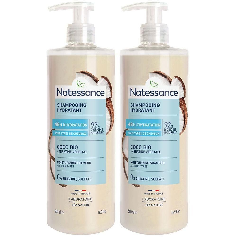 Deux flacons de shampooing avec pompe. Inscription: Natessance Shampooing Hydratant.