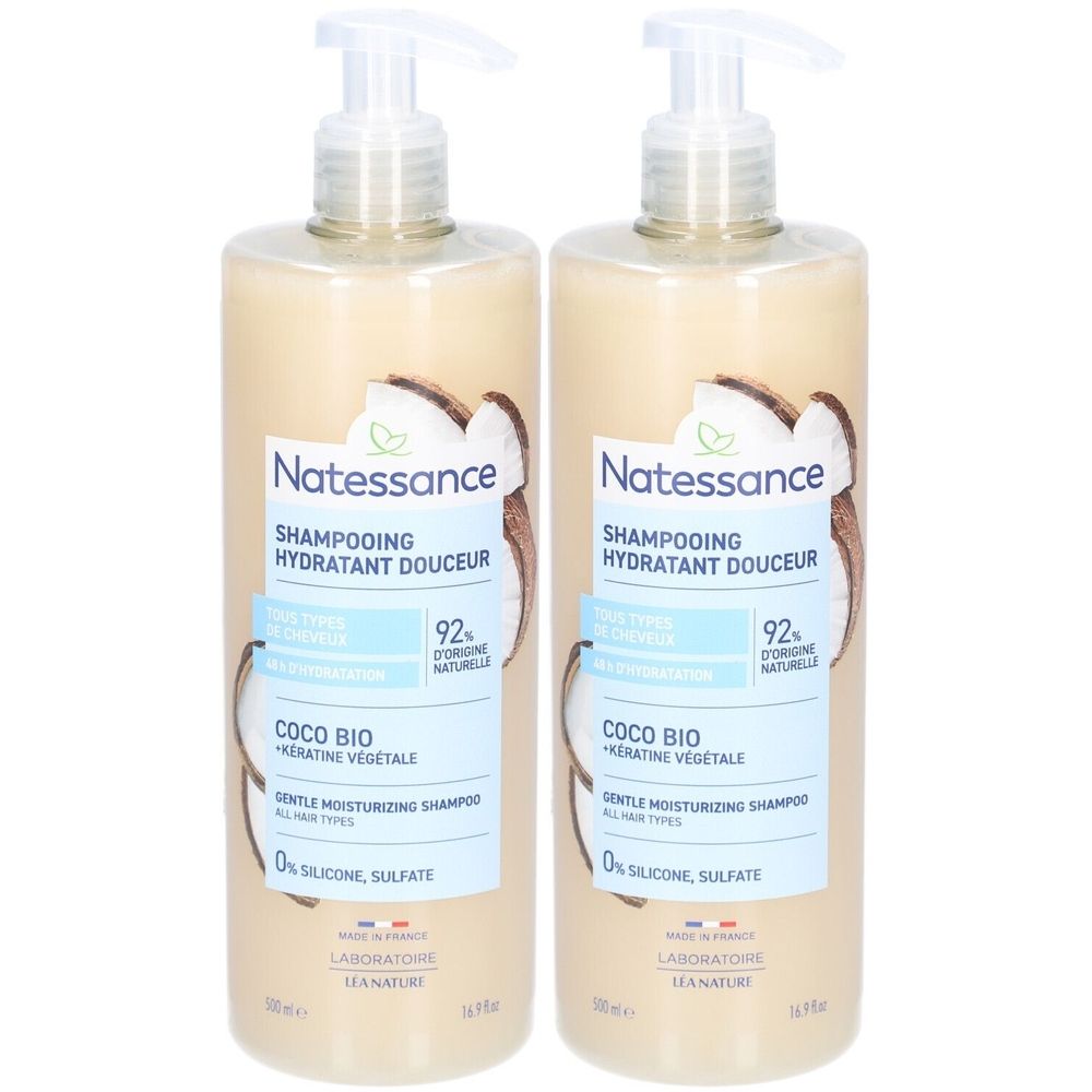 Deux flacons de shampooing avec pompe. Inscription: Natessance, Shampooing Hydratant Douceur, Coco Bio. 92% ingrédients naturels.