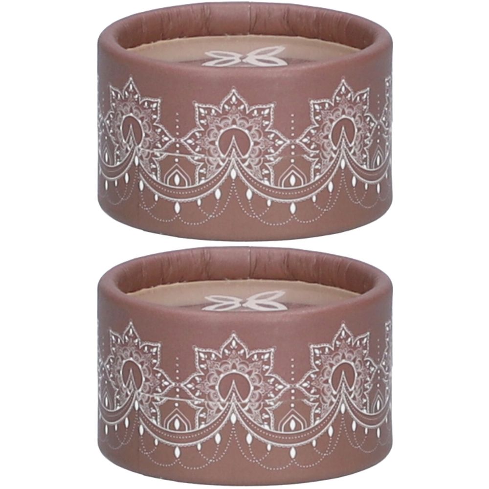 Deux contenants ronds bruns avec un motif floral blanc. Le dessus est brun clair. Aucun autre détail n'est visible.