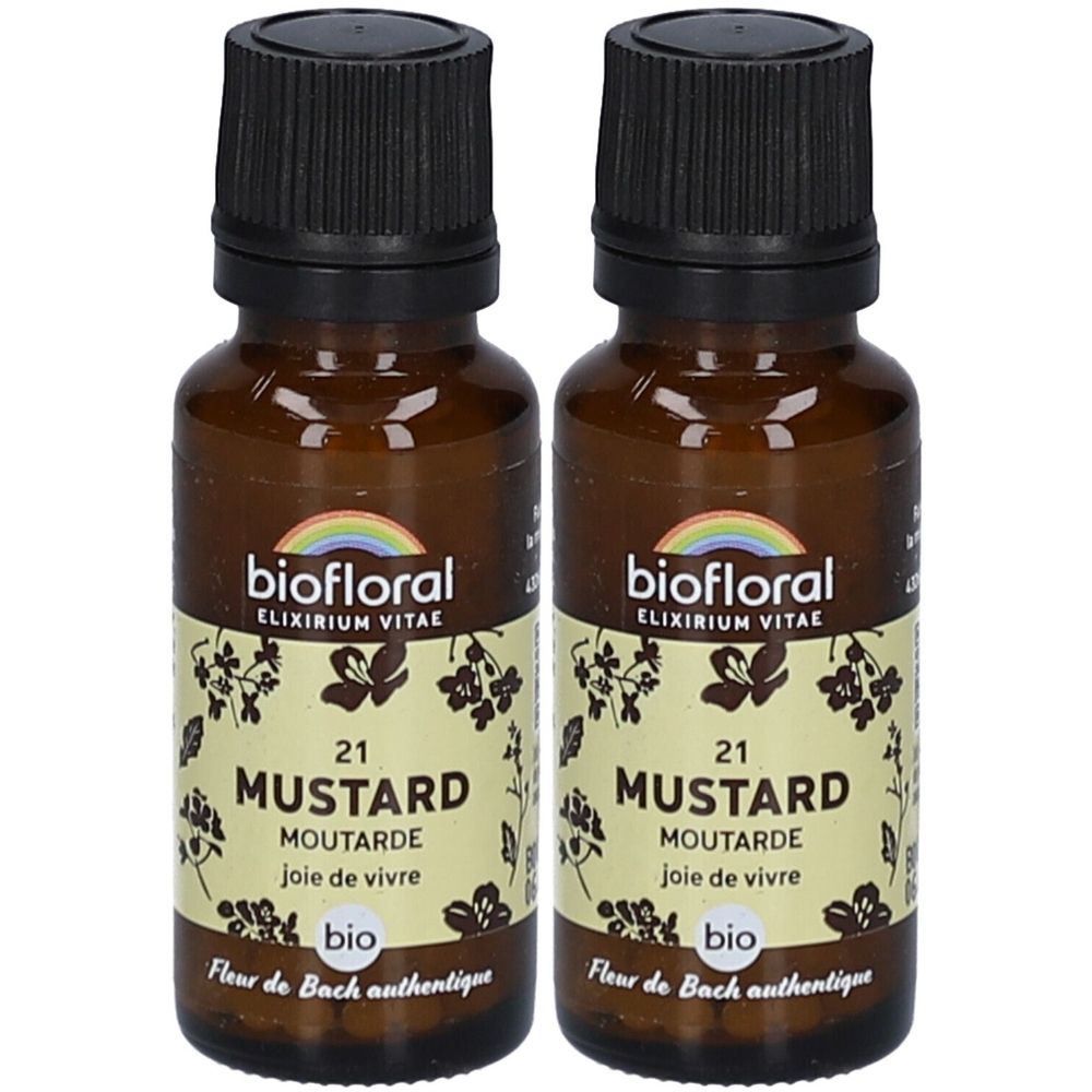 Deux flacons en verre brun avec bouchon noir. Étiquette avec texte: MUSTARD, joie de vivre, bio. Marque: biofloral.