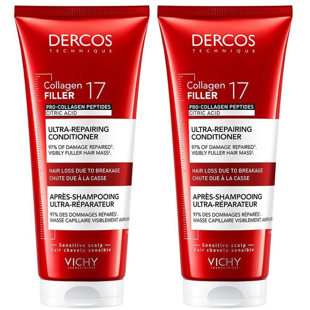Deux tubes rouges avec texte blanc. Inscription: Dercos, Collagen 17 Filler, Ultra-Repairing Conditioner, Vichy.