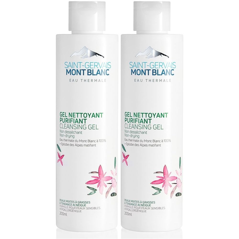 Deux flacons blancs avec étiquette SAINT-GERVAIS MONT BLANC. Inscription : GEL NETTOYANT PURIFIANT CLEANSING GEL. Motif floral.