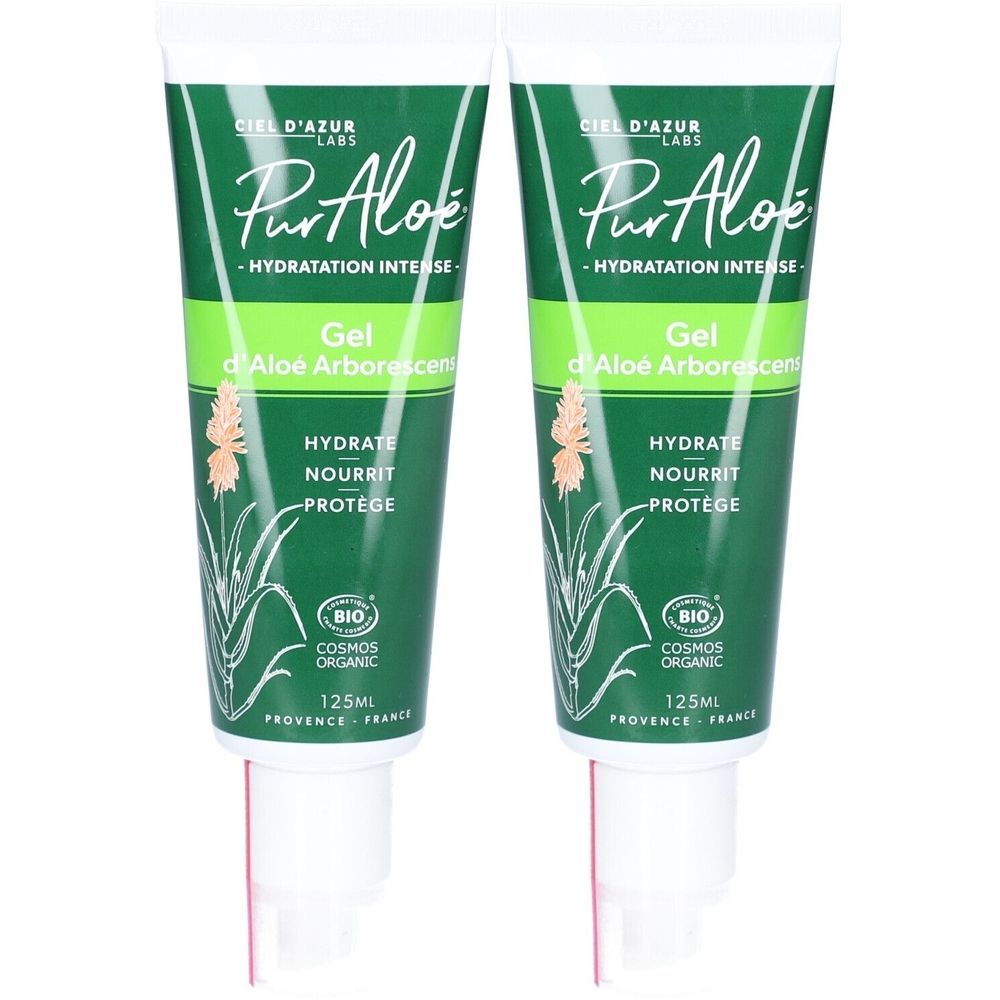 Deux tubes de gel d'Aloe Arborescens. Tubes blancs avec texte vert. Inscription: PurAloé, Hydratation Intense, BIO COSMOS ORGANIC.