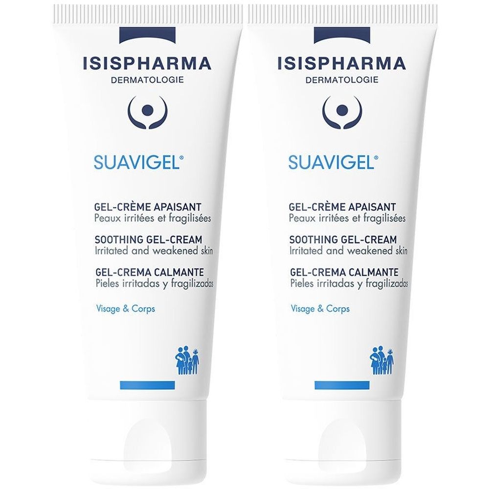 Deux tubes blancs. Inscription: ISISPHARMA, SUAVIGEL, Gel-Crème Apaisant, Soothing Gel-Cream, Gel-Crema Calmante. Visage & Corps.